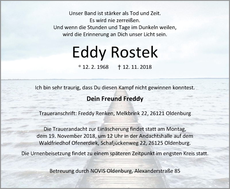  Traueranzeige für Eddy Rostek vom 15.11.2018 aus Nordwest-Zeitung