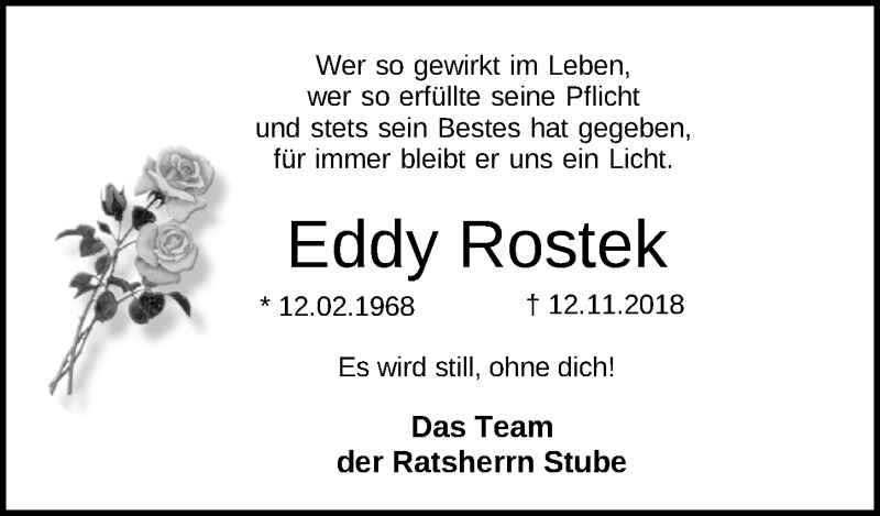  Traueranzeige für Eddy Rostek vom 15.11.2018 aus Nordwest-Zeitung