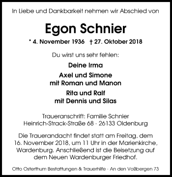 Traueranzeige von Egon Schnier von Nordwest-Zeitung