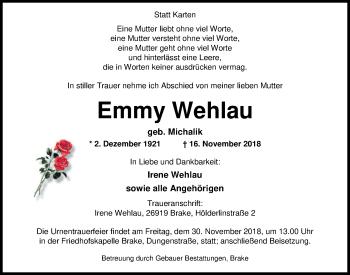 Traueranzeige von Emmy Wehlau von Nordwest-Zeitung