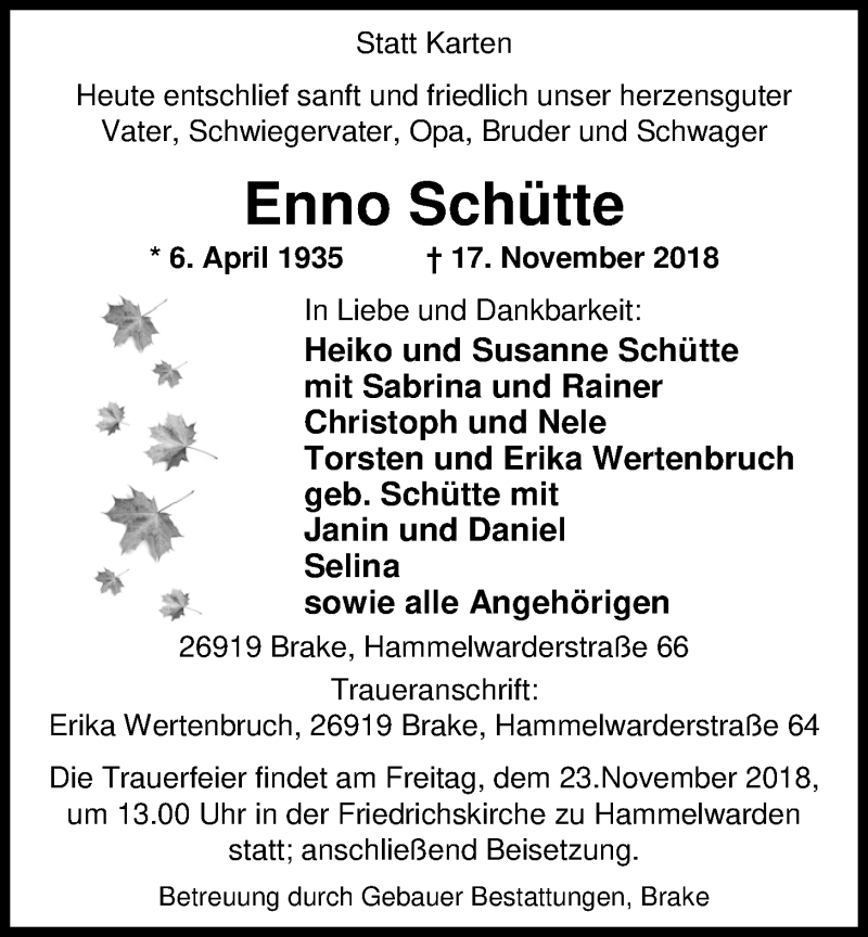  Traueranzeige für Enno Schütte vom 20.11.2018 aus Nordwest-Zeitung