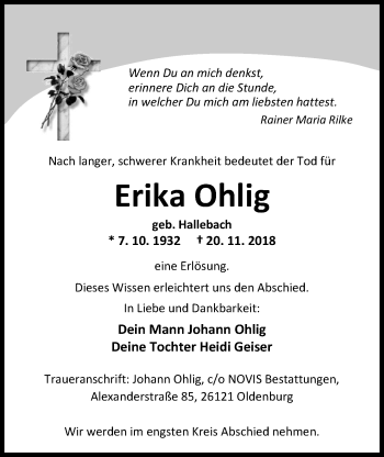 Traueranzeige von Erika Ohlig von Nordwest-Zeitung