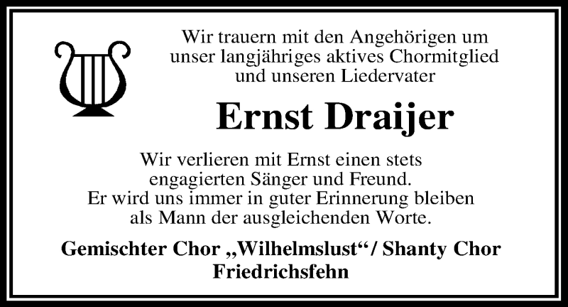  Traueranzeige für Ernst Draijer vom 14.11.2018 aus Nordwest-Zeitung
