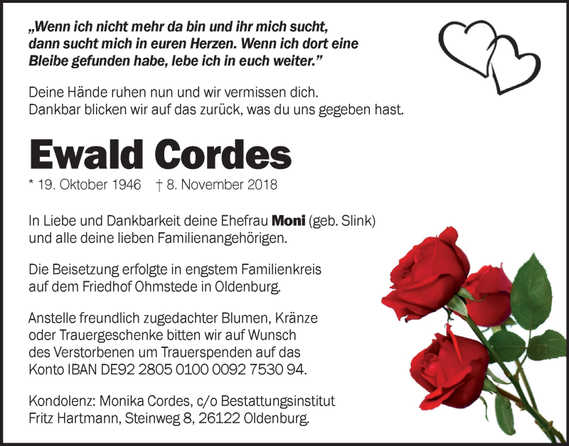  Traueranzeige für Ewald Cordes vom 16.11.2018 aus Nordwest-Zeitung