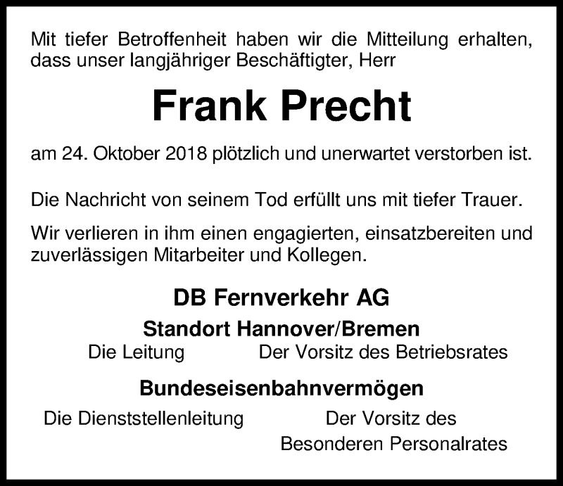  Traueranzeige für Frank Precht vom 10.11.2018 aus Nordwest-Zeitung