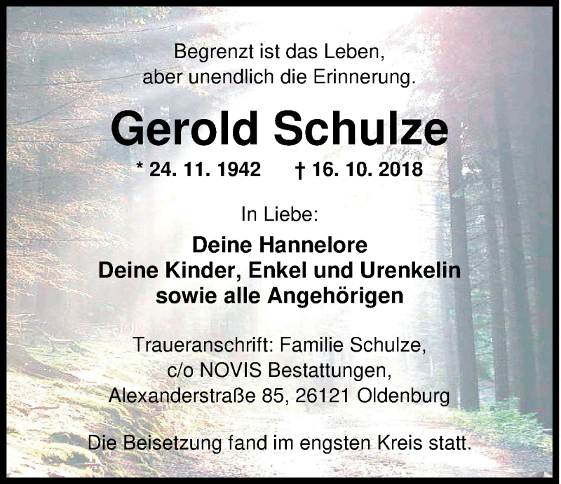  Traueranzeige für Gerold Schulze vom 10.11.2018 aus Nordwest-Zeitung