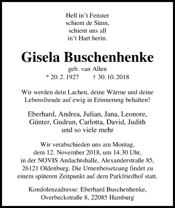 Traueranzeige von Gisela Buschenhenke von Nordwest-Zeitung