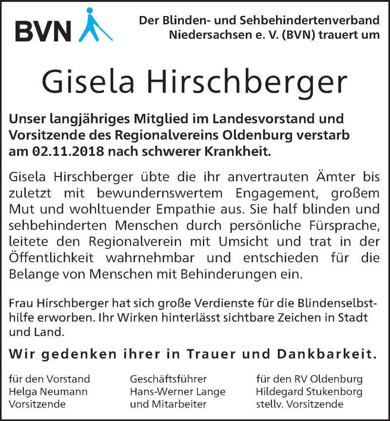  Traueranzeige für Gisela Hirschberger vom 06.11.2018 aus Nordwest-Zeitung