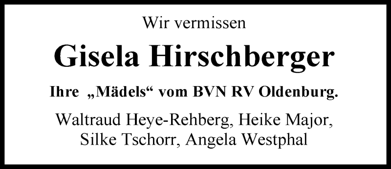  Traueranzeige für Gisela Hirschberger vom 06.11.2018 aus Nordwest-Zeitung