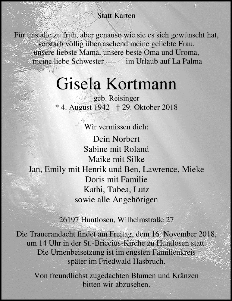  Traueranzeige für Gisela Kortmann vom 07.11.2018 aus Nordwest-Zeitung