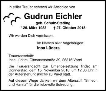 Traueranzeige von Gudrun Eichler von Nordwest-Zeitung