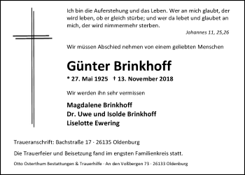 Traueranzeige von Günter Brinkhoff von Nordwest-Zeitung