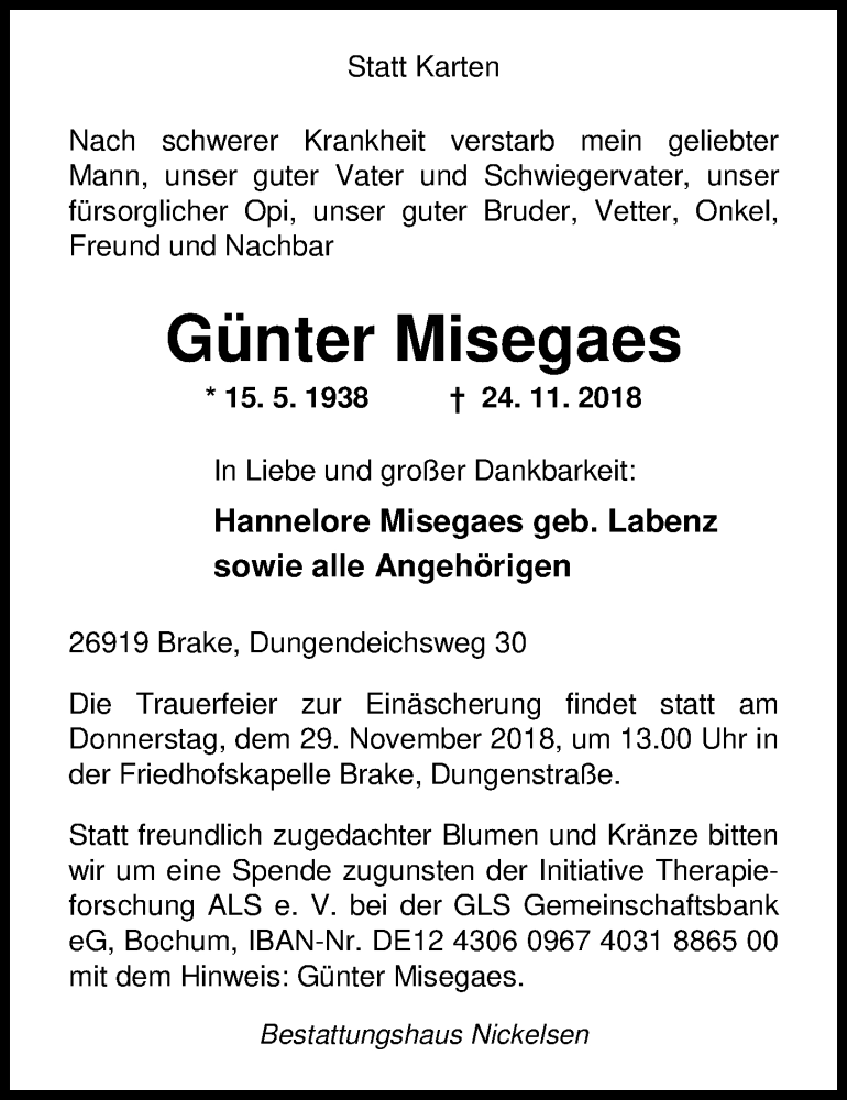  Traueranzeige für Günter Misegaes vom 27.11.2018 aus Nordwest-Zeitung