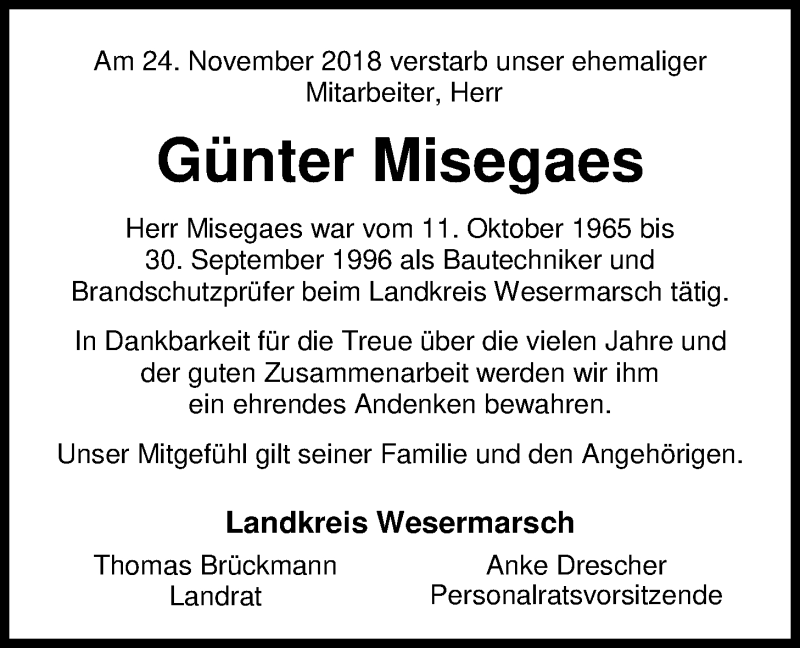  Traueranzeige für Günter Misegaes vom 28.11.2018 aus Nordwest-Zeitung