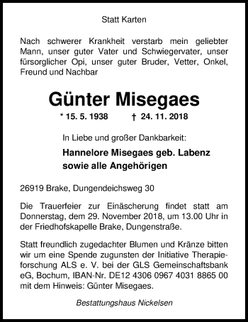 Traueranzeige von Günter Misegaes von Nordwest-Zeitung