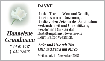 Traueranzeige von Hannelene Grundmann von Nordwest-Zeitung
