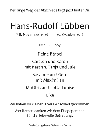Traueranzeige von Hans-Rudolf Lübben von Nordwest-Zeitung