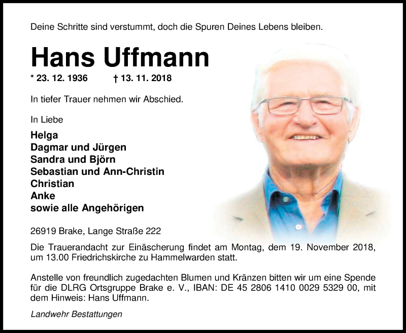  Traueranzeige für Hans Uffmann vom 15.11.2018 aus Nordwest-Zeitung