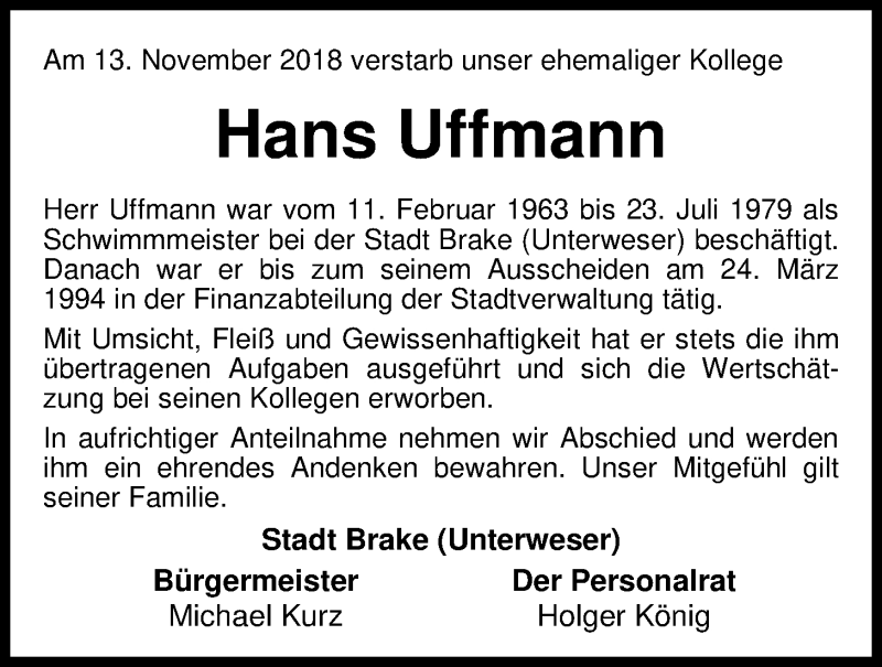  Traueranzeige für Hans Uffmann vom 16.11.2018 aus Nordwest-Zeitung