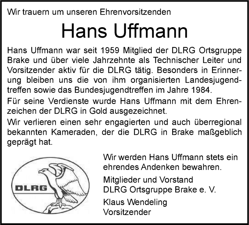  Traueranzeige für Hans Uffmann vom 15.11.2018 aus Nordwest-Zeitung