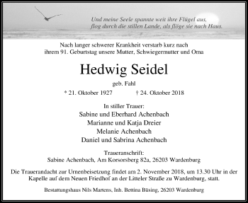 Traueranzeige von Hedwig Seidel von Nordwest-Zeitung