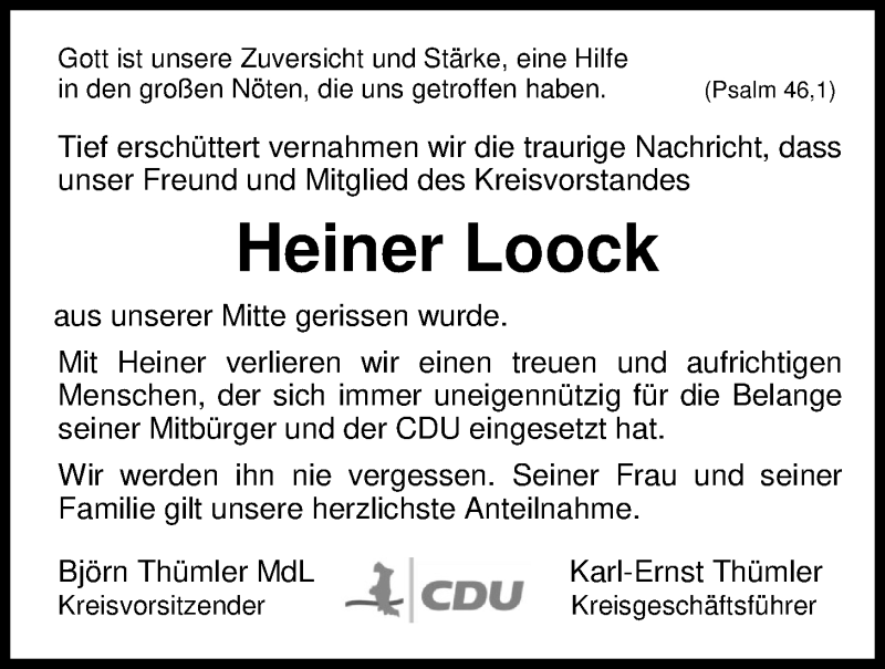  Traueranzeige für Heiner Loock vom 14.11.2018 aus Nordwest-Zeitung