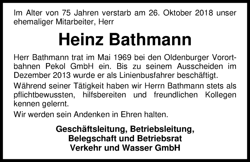  Traueranzeige für Heinz Bathmann vom 01.11.2018 aus Nordwest-Zeitung