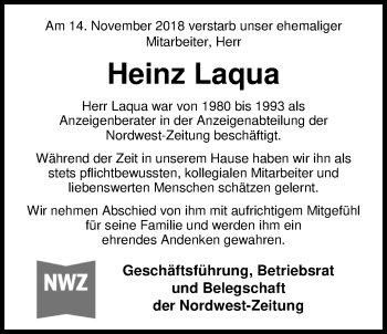 Traueranzeige von Heinz Laqua von Nordwest-Zeitung