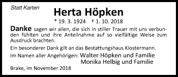 Traueranzeige von Herta Höpken von Nordwest-Zeitung