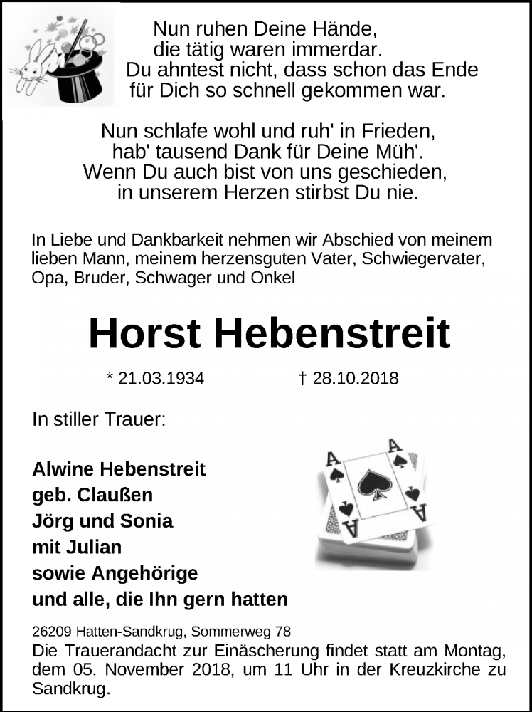  Traueranzeige für Horst Hebenstreit vom 01.11.2018 aus Nordwest-Zeitung