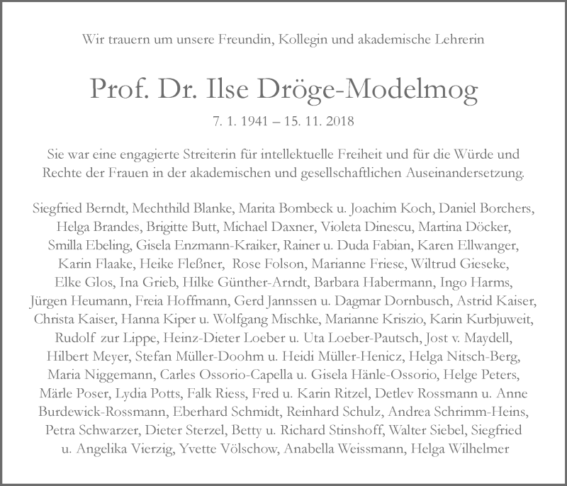  Traueranzeige für Ilse Dröge-Modelmog vom 21.11.2018 aus Nordwest-Zeitung