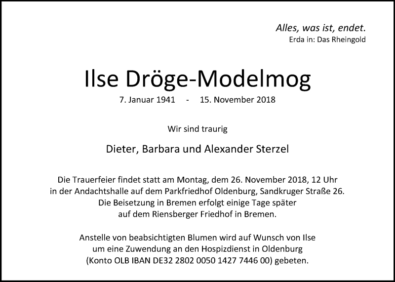  Traueranzeige für Ilse Dröge-Modelmog vom 21.11.2018 aus Nordwest-Zeitung