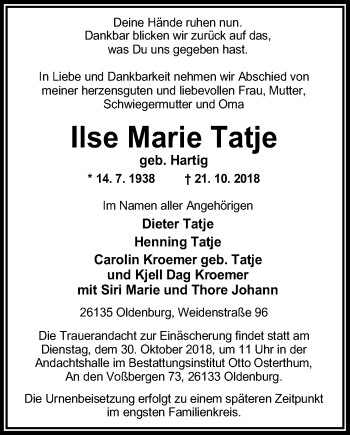 Traueranzeige von Ilse Marie Tatje von Nordwest Zeitung