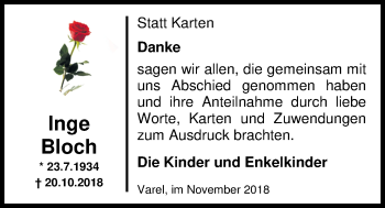 Traueranzeige von Inge Bloch von Nordwest-Zeitung