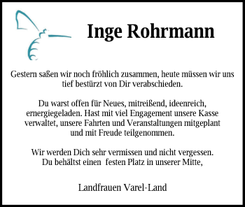 Traueranzeige von Inge Rohrmann von Nordwest-Zeitung
