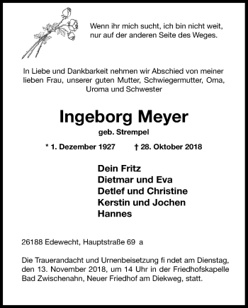 Traueranzeige von Ingeborg Meyer von Nordwest-Zeitung