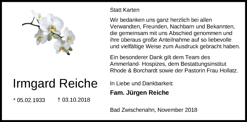  Traueranzeige für Irmgard Reiche vom 10.11.2018 aus Nordwest-Zeitung