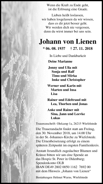 Traueranzeige von Johann von Lienen von Nordwest-Zeitung