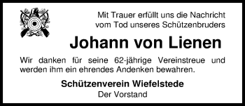 Traueranzeige von Johann von Lienen von Nordwest-Zeitung