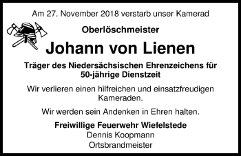 Traueranzeige von Johann von Lienen von Nordwest-Zeitung