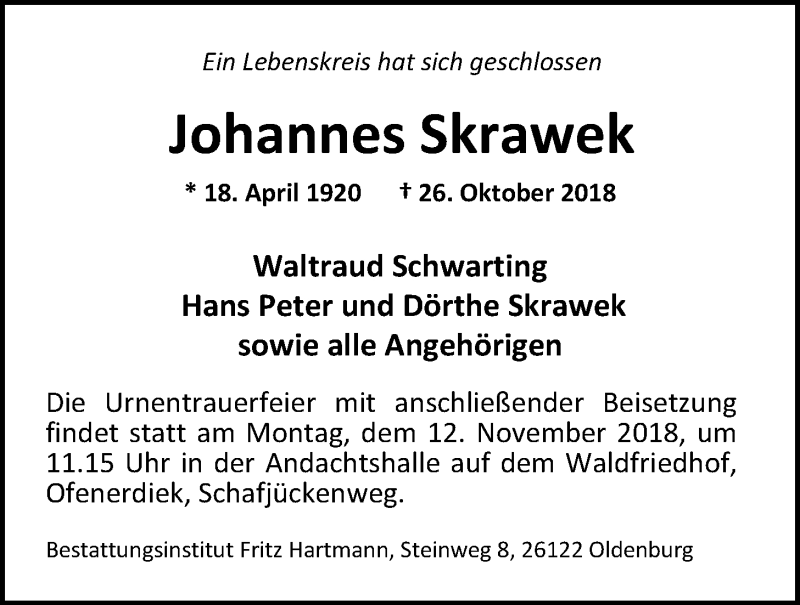  Traueranzeige für Johannes Skrawek vom 03.11.2018 aus Nordwest-Zeitung