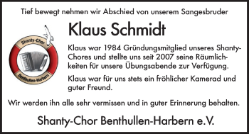 Traueranzeige von Klaus Schmidt von Nordwest-Zeitung