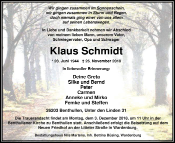 Traueranzeige von Klaus Schmidt von Nordwest-Zeitung