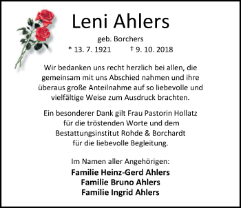 Traueranzeige von Leni Ahlers von Nordwest-Zeitung