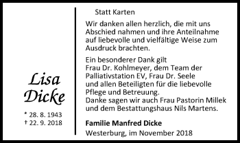 Traueranzeige von Lisa Dicke von Nordwest-Zeitung