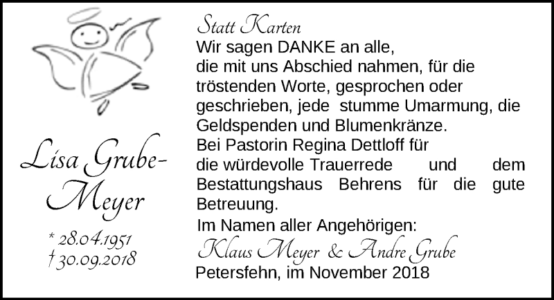 Traueranzeige für Lisa Grube-Meyer vom 03.11.2018 aus Nordwest-Zeitung