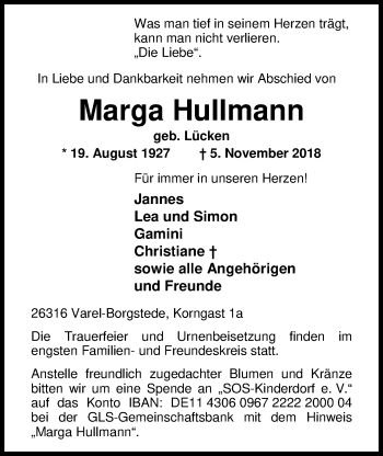 Traueranzeige von Marga Hullmann von Nordwest-Zeitung