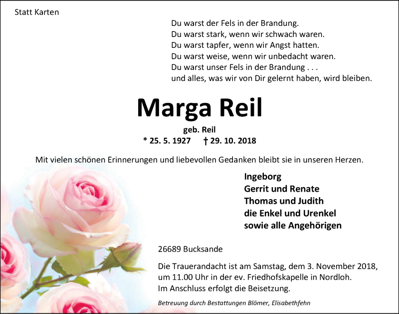  Traueranzeige für Marga Reil vom 02.11.2018 aus Nordwest-Zeitung