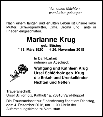Traueranzeige von Marianne Krug von Nordwest-Zeitung