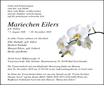 Traueranzeige von Mariechen Eilers von Nordwest-Zeitung